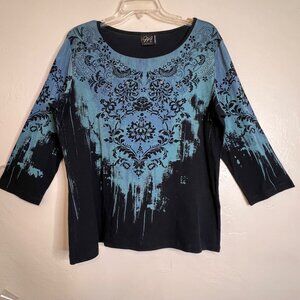 Katina Marie Womens L Blue & Black 3/4 Sleeve Sweater Elegant Damask Supima Cott